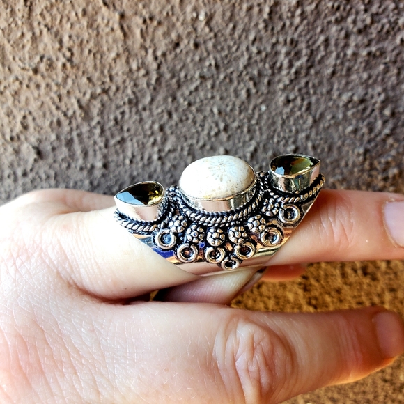 New Fossil Coral & Smoky Topaz 925 Silver Ring. - Picture 15 of 16